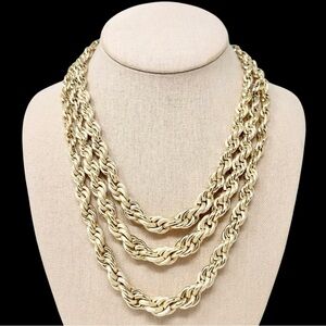 West Germany Soft Gold Tone 3 Row Layered Chunky Rope Chain Necklace
